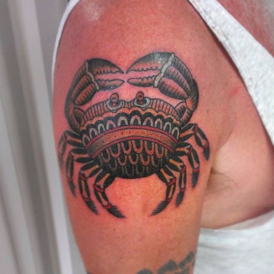 Tradtional Crab Tattoo On Upper Arm