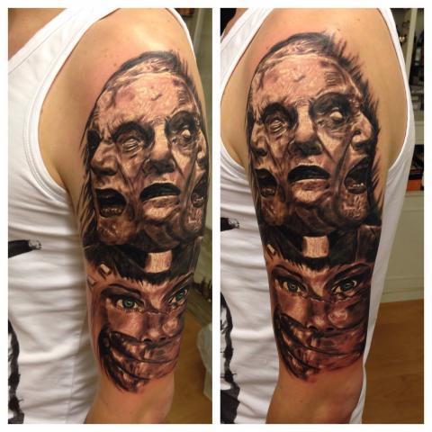 Tri Faced Evil Demon & Girl Face Tattoo On Man Half Sleeve