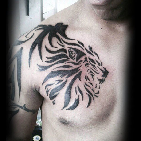 Tribal Lion Tattoo On Chest And Half Sleeve