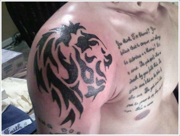 Tribal Lion With Quote Tattoo