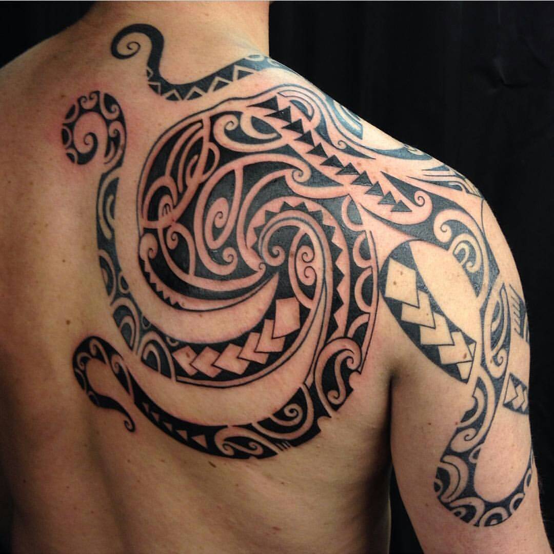 Tribal Octopus Tattoo On Shoulder, Bicep & Back