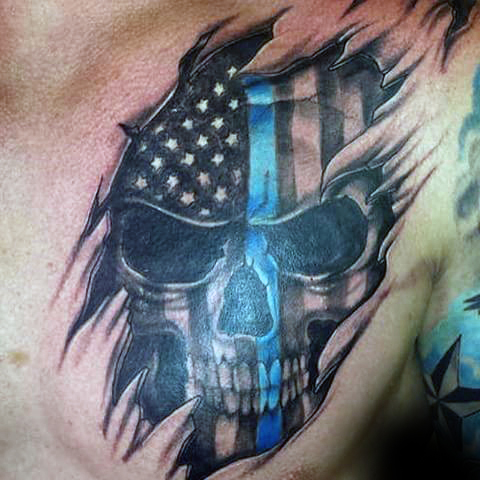 US Flag Skull Tattoo On Chest