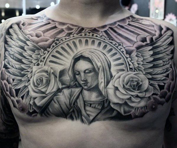Virgin Mary With Roses & Angel Wings Tattoo on Chest For Men