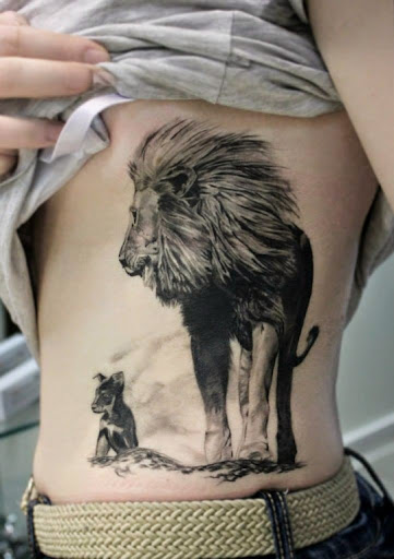 Walking Lion And Cub Tattoo On Side Rib Cage
