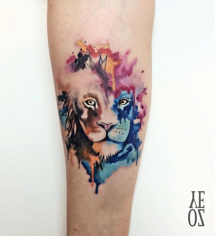 Watercolor Lion Face Tattoo On Leg