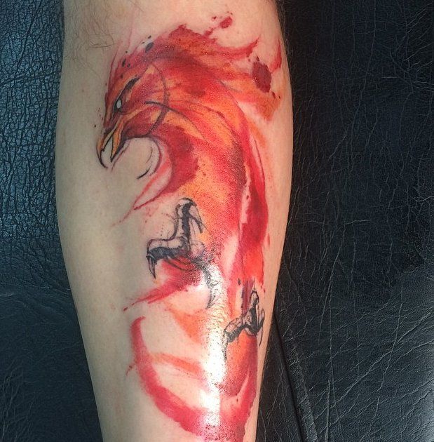 Watercolor Phoenix Tattoo On Leg