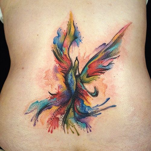 Watercolor Phoenix Tattoo On Lower Back