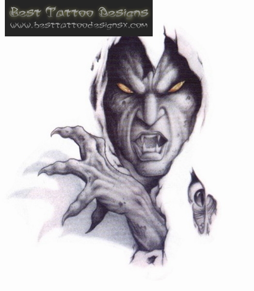 White & Grey ink Scary Demon Tattoo Design Idea