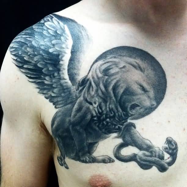 Winged Lion And Snake Tattoo On Chest