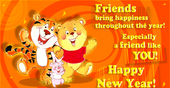 Winnie the pooh with friends wishes Happy New Year