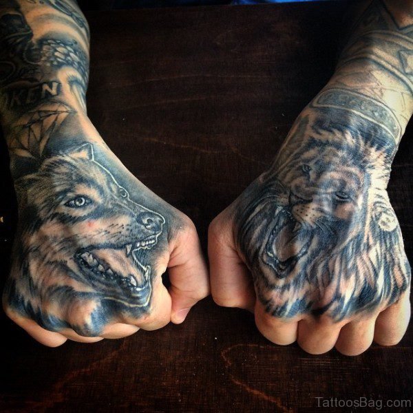 Wolf And Lion Tattoo On Hands