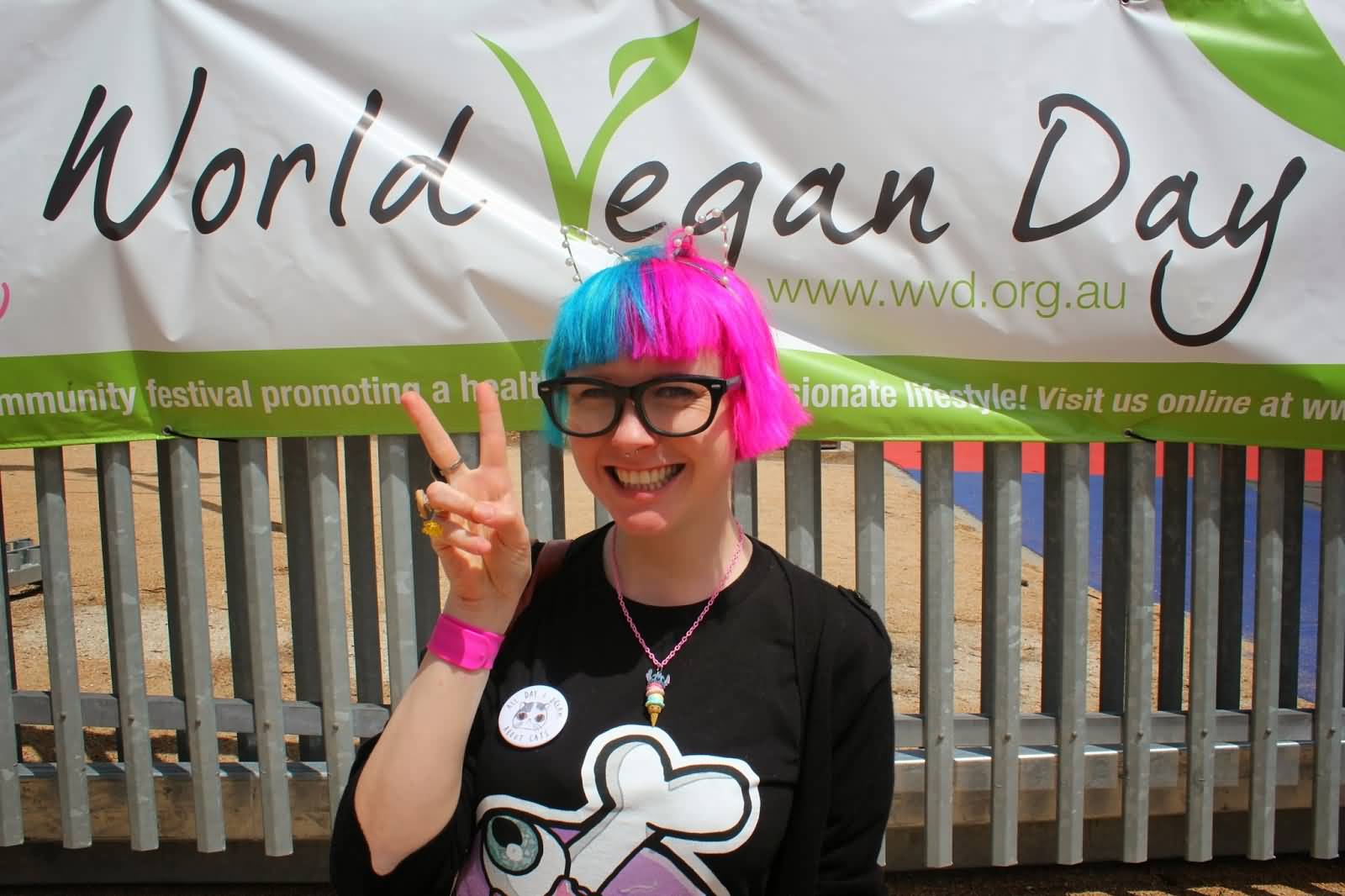 World Vegan Day Celebration Girl Showing victory Sign