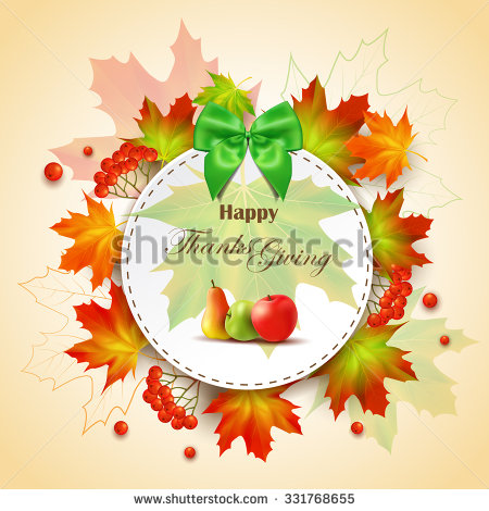 Thanksgiving day greeting card with fruits, viburnum and autumn leaves