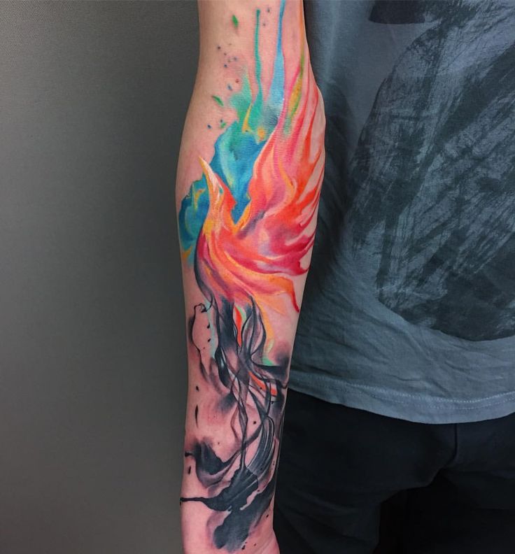 watercolor freehand Phoenix Tattoo On Forearm