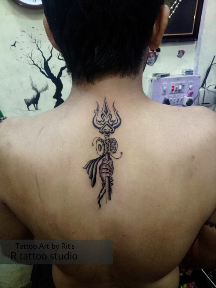 Black & Grey Shiva Trishul Tattoo On Back By  R Tattoo Studio