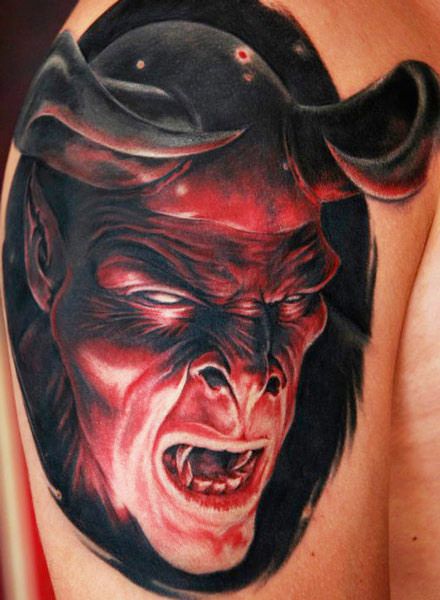 3D Realistic Black & Red Scary Devil With Horns Tattoo By Michele Pitacco