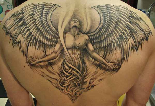 A Large Grey Ink Fallen Angel Devil Tattoo On Upper Back