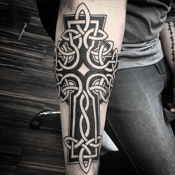 Amazing Black Celtic Cross Tattoo on Forearm