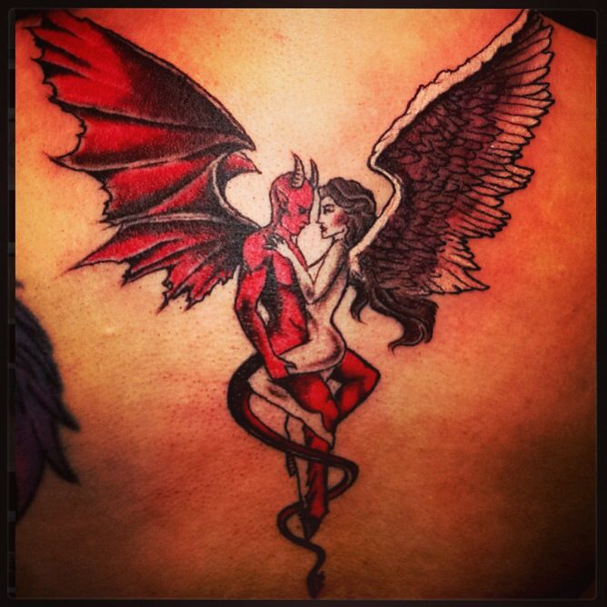 Amazing Grey Angel And Red Devil Love Tattoo Representing Balance Of Good Evil