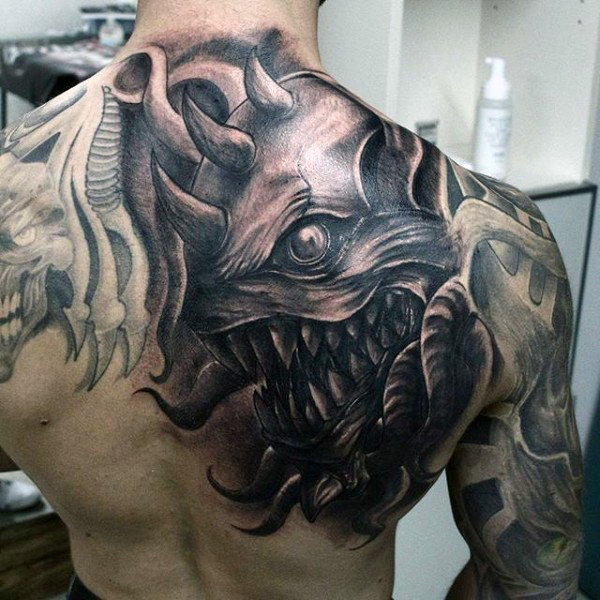 Amazing Scary Grey Ink Demonic Devil Tattoo On Back Shoulder and Arm