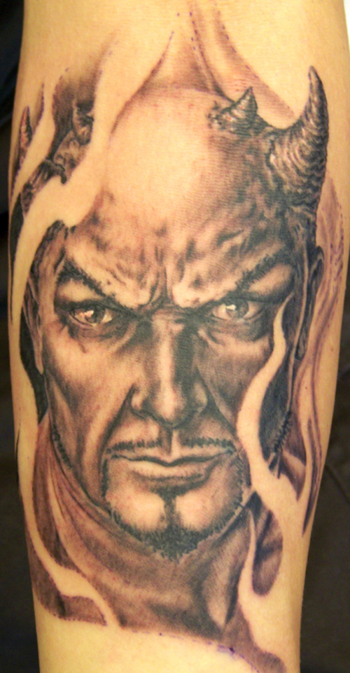 An Amazing Grey Realistic Demon in Flames Tattoo For Men