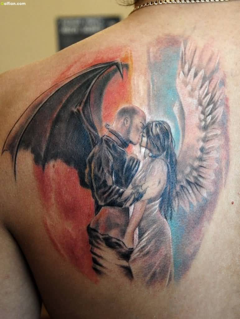 Angel & Devil Kissing Love Tattoo On Back Shoulder Representing Bond Of  Goob & Evil