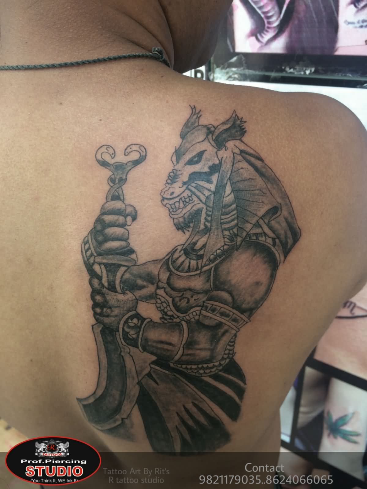 Anubis Tattoo on Back Shoulder By R-Tattoo Studio