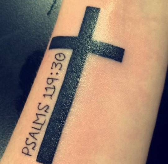 Black Cross With Wording Psalms 119.30 Tattoo On Forearm