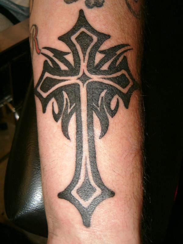 Black Elegant Tribal Cross Tattoo On Forearm