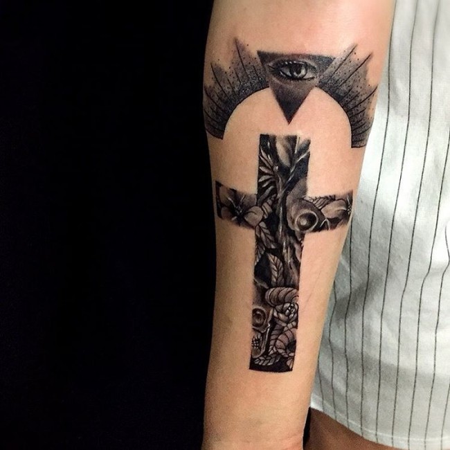 Black & Grey Cross With Triangle Eye Tattoo On Forearm