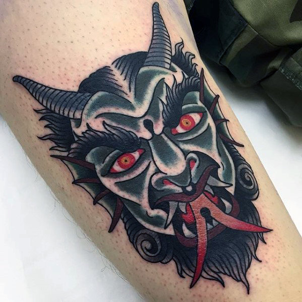 Black & Grey Dark Demon Face With Red Eyes & Tongue Tattoo