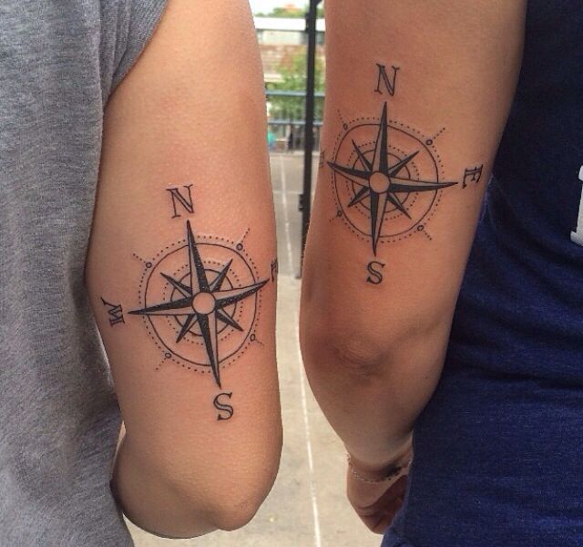 Black & Grey Matching Compass Tattoos On Arms For Couples