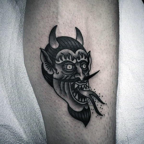 Black & Grey Traditonal Devil Tattoo On Arm