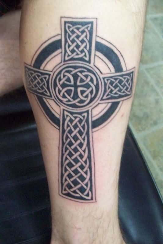 Black Ink Celtic Cross Tattoo Design For Forearm