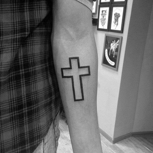 Black Ink Simple Outline Cross Tattoo on Forearm