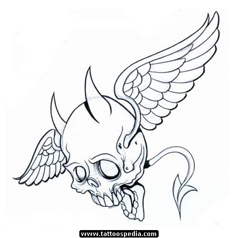 Black Outline Skull Faced Flying Devil Tattoo Design