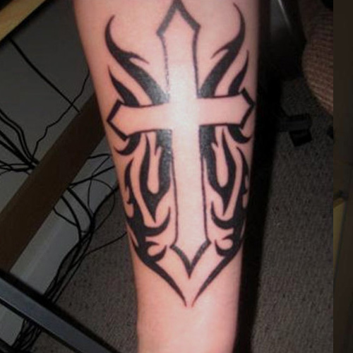 Black Tribal Cross Tattoo on Forearm