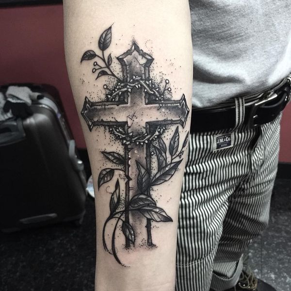 Black and Grey Cross Tattoo with Crown of Thorns on Forearm