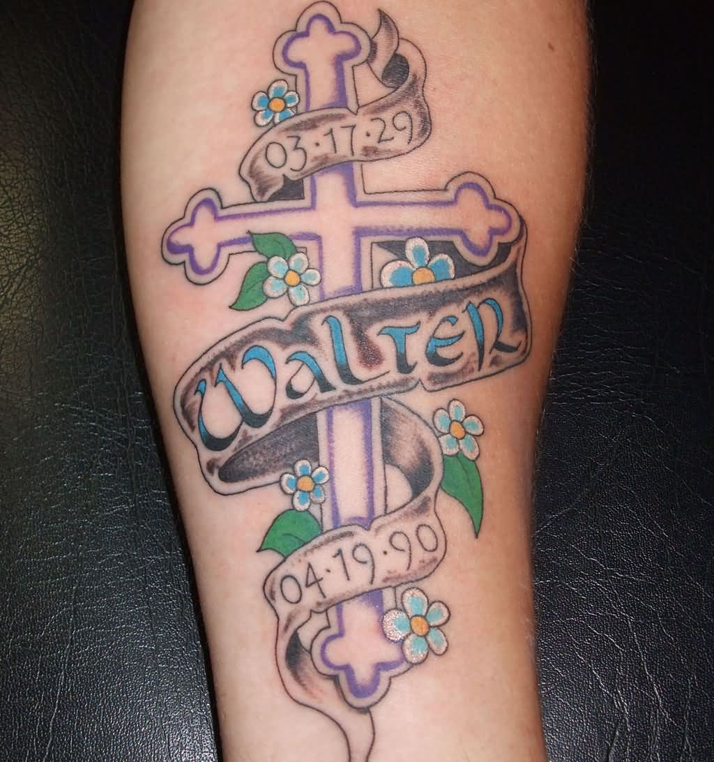 Colorful Memorial Cross Tattoo on Forearm