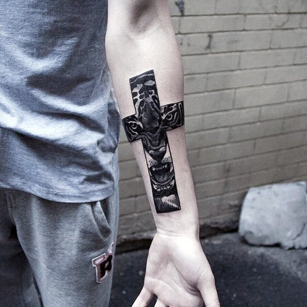 Cross With Roaring Tiger Tattoo On Forearm For Men