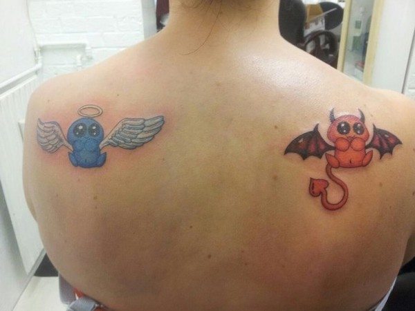 Cute Blue Baby Angel and Red Baby Devil Tattoo On Girl Back