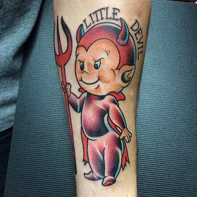 Cute Colorful Baby Little Devil Tattoo On Forearm