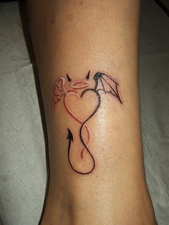 Cute Haloed Devil Tattoo On Leg For Women Representing Dark & Light Sides Of Life