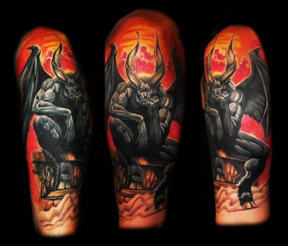 Dark GreY Realistic Devil In Hell Tattoo On Half Sleeve By Józsi Horváth