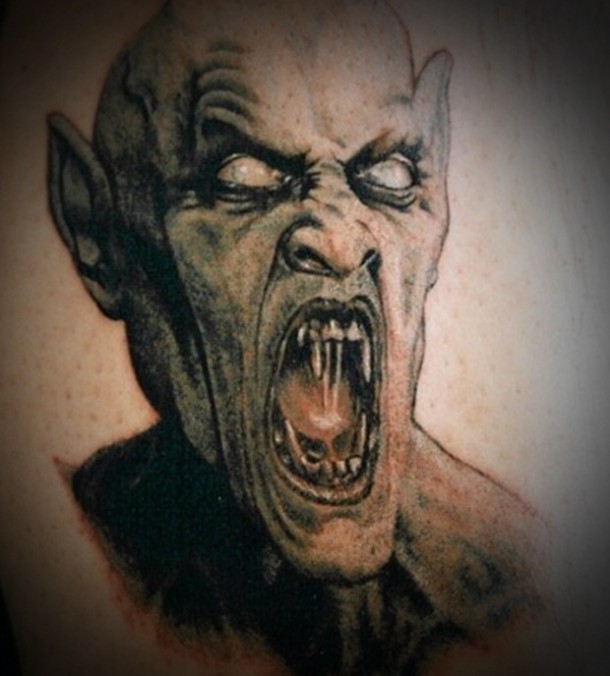 Dark Grey Scary Roaring Devil Tattoo