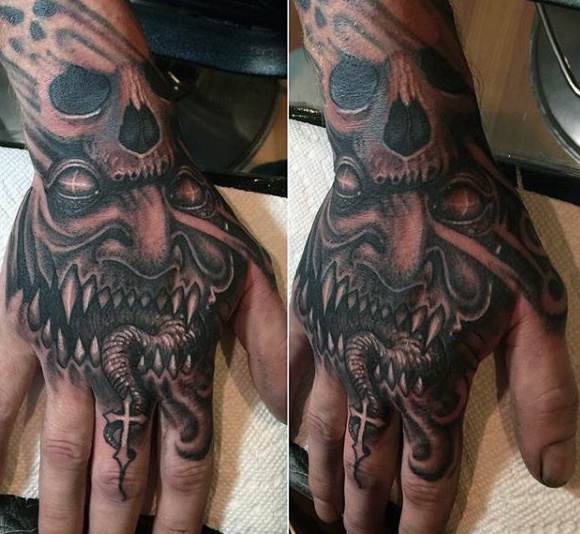 Dark Grey and Black Skull & Demon Tattoo On Hand