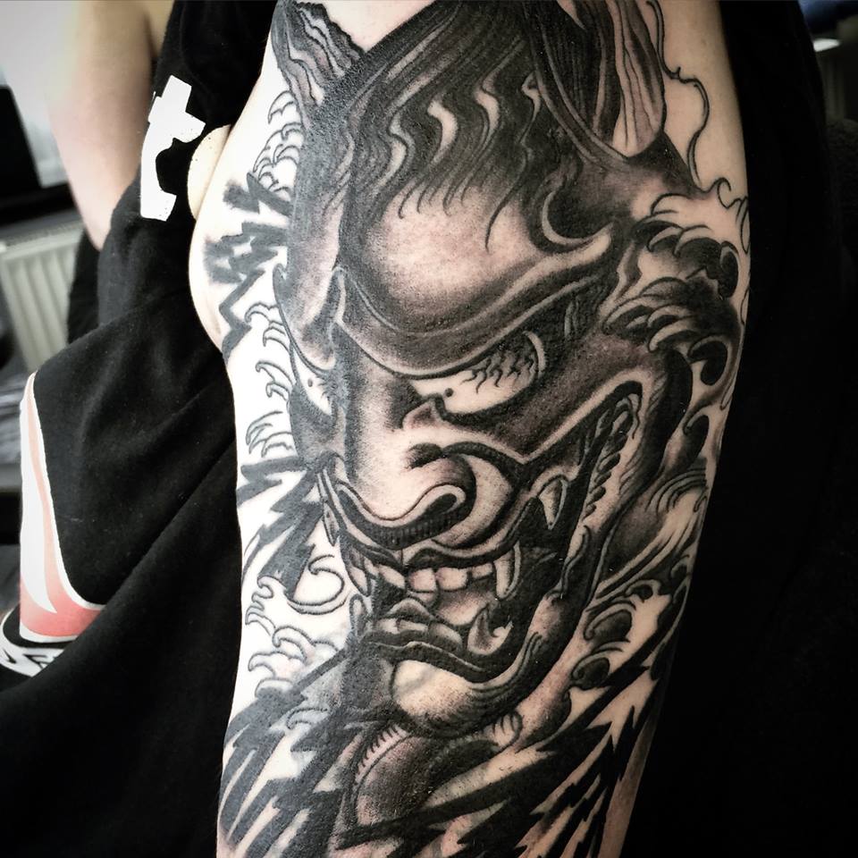 Dark Scary Devil Tattoo On Half Sleeve