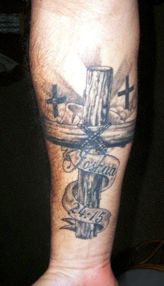 Dark Wood Cross Tattoo On Forearm