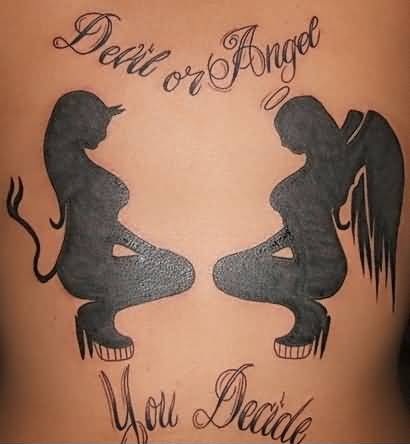Devil Or Angel – You Decide – Black Ink Angel & Devil Tattoo On Back
