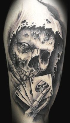 Devil Skull With Cards Tattoo Representing The Devil Of Gambling